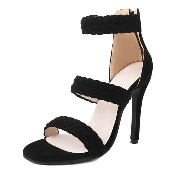 Peep Toe Stiletto Heels Ankle Straps Back Zipper Sandals - Black - Shaft Material: Flock
Insole Material: Faux Leather
Lining Material: Synthetic
Outsole Material: Rubber

US: 4 (8.66 inch) - EU: 34
US: 4.5 (8.85 inch) - EU: 35
US: 5.5 (9.05 inch) - EU: 36
US: 6 (9.25 inch) - EU: 37 
US: 7 (9.45 inch) - EU: 38 
US: 8 (9.65 inch) - EU: 38.5
US: 8.5 (9.84 inch) - EU: 39
US: 9.5 (10.24 inch) - EU: 40
US: 10 (10.43 inch) - EU: 41
US: 11 (10.62 inch) - EU: 42 
US: 12 (10.83 inch) - EU: 43
US: 13 (11.22 inch) - EU: 44
US: 13.5 (11.42 inch) - EU: 45.5
US: 14 (11.61 inch) - EU: 46.5
US: 15 (12.01 inch) - EU: 47 in Sexy Heels & Platforms