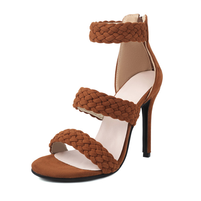 Peep Toe Stiletto Heels Ankle Straps Back Zipper Sandals - Auburn - Shaft Material: Flock
Insole Material: Faux Leather
Lining Material: Synthetic
Outsole Material: Rubber

US: 4 (8.66 inch) - EU: 34
US: 4.5 (8.85 inch) - EU: 35
US: 5.5 (9.05 inch) - EU: 36
US: 6 (9.25 inch) - EU: 37 
US: 7 (9.45 inch) - EU: 38 
US: 8 (9.65 inch) - EU: 38.5
US: 8.5 (9.84 inch) - EU: 39
US: 9.5 (10.24 inch) - EU: 40
US: 10 (10.43 inch) - EU: 41
US: 11 (10.62 inch) - EU: 42 
US: 12 (10.83 inch) - EU: 43
US: 13 (11.22 inch) - EU: 44
US: 13.5 (11.42 inch) - EU: 45.5
US: 14 (11.61 inch) - EU: 46.5
US: 15 (12.01 inch) - EU: 47 in Sexy Heels & Platforms