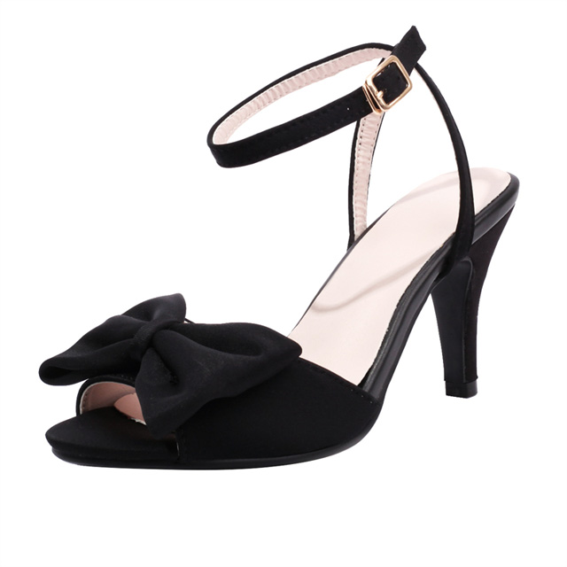 Peep Toe Ankle Buckle Straps Bowtied Stiletto Heels Satin Sandals - Black - Shaft Material: Satin
Insole Material: Faux Leather
Lining Material: Synthetic
Outsole Material: Rubber

SIZES
US: 4 (8.66 inch) - EU: 34
US: 4.5 (8.85 inch) - EU: 35
US: 5.5 (9.05 inch) - EU: 36
US: 6 (9.25 inch) - EU: 37 
US: 7 (9.44 inch) - EU: 38 
US: 8 (9.64 inch) - EU: 39
US: 8.5 (9.84 inch) - EU: 40
US: 9.5 (10.03 inch) - EU: 41
US: 10 (10.23 inch) - EU: 42
US: 11 (10.43 inch) - EU: 43 
US: 12 (10.62 inch) - EU: 44
US: 13 (10.83 inch) - EU: 45
US: 13.5 (11.02 inch) - EU: 46
US: 14 (11.22 inch) - EU: 47
US: 15 (11.41 inch) - EU: 48
US: 16 (11.61 inch) - EU: 49
US: 17 (12.01 inch) - EU: 50 in Sexy Heels & Platforms