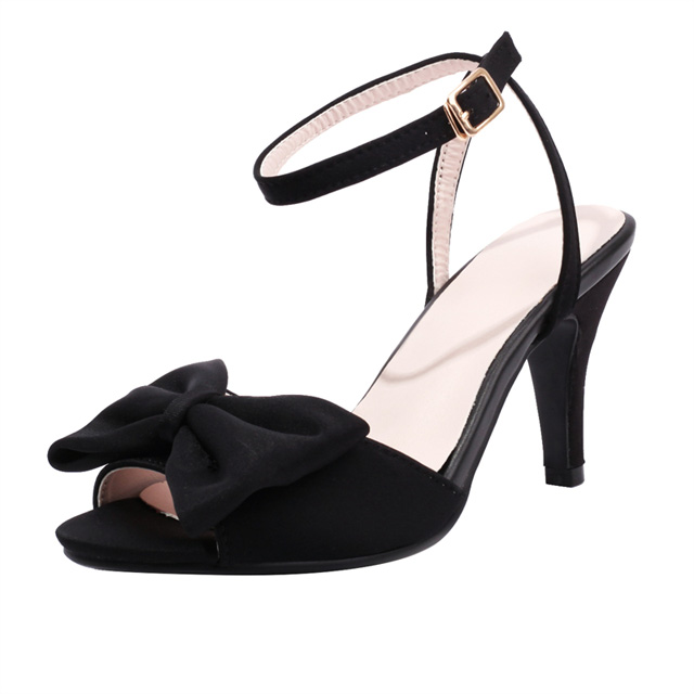 Peep Toe Ankle Buckle Straps Bowtied Stiletto Heels Satin Sandals - Black - Shaft Material: Satin
Insole Material: Faux Leather
Lining Material: Synthetic
Outsole Material: Rubber

SIZES
US: 4 (8.66 inch) - EU: 34
US: 4.5 (8.85 inch) - EU: 35
US: 5.5 (9.05 inch) - EU: 36
US: 6 (9.25 inch) - EU: 37 
US: 7 (9.44 inch) - EU: 38 
US: 8 (9.64 inch) - EU: 39
US: 8.5 (9.84 inch) - EU: 40
US: 9.5 (10.03 inch) - EU: 41
US: 10 (10.23 inch) - EU: 42
US: 11 (10.43 inch) - EU: 43 
US: 12 (10.62 inch) - EU: 44
US: 13 (10.83 inch) - EU: 45
US: 13.5 (11.02 inch) - EU: 46
US: 14 (11.22 inch) - EU: 47
US: 15 (11.41 inch) - EU: 48
US: 16 (11.61 inch) - EU: 49
US: 17 (12.01 inch) - EU: 50 in Sexy Heels & Platforms