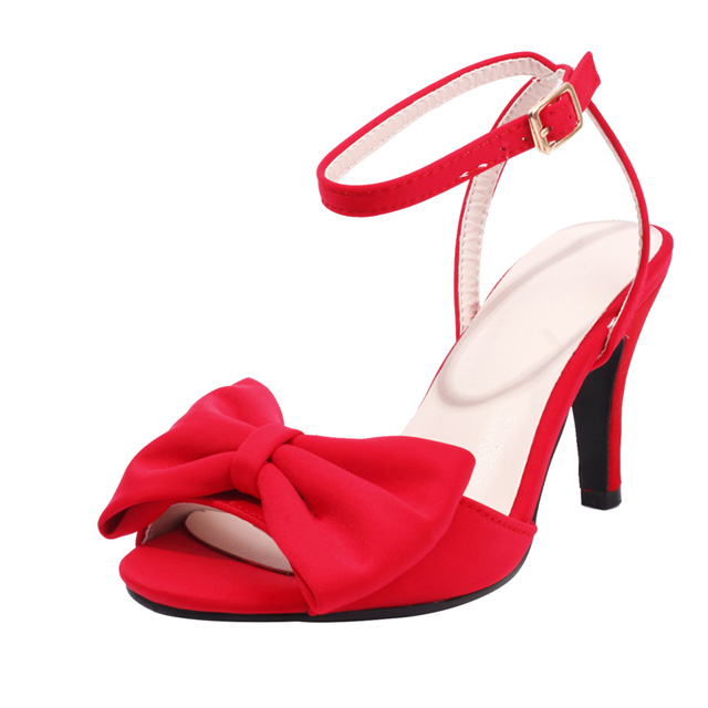 Peep Toe Ankle Buckle Straps Bowtied Stiletto Heels Satin Sandals - Red - Shaft Material: Satin
Insole Material: Faux Leather
Lining Material: Synthetic
Outsole Material: Rubber

SIZES
US: 4 (8.66 inch) - EU: 34
US: 4.5 (8.85 inch) - EU: 35
US: 5.5 (9.05 inch) - EU: 36
US: 6 (9.25 inch) - EU: 37 
US: 7 (9.44 inch) - EU: 38 
US: 8 (9.64 inch) - EU: 39
US: 8.5 (9.84 inch) - EU: 40
US: 9.5 (10.03 inch) - EU: 41
US: 10 (10.23 inch) - EU: 42
US: 11 (10.43 inch) - EU: 43 
US: 12 (10.62 inch) - EU: 44
US: 13 (10.83 inch) - EU: 45
US: 13.5 (11.02 inch) - EU: 46
US: 14 (11.22 inch) - EU: 47
US: 15 (11.41 inch) - EU: 48
US: 16 (11.61 inch) - EU: 49
US: 17 (12.01 inch) - EU: 50 in Sexy Heels & Platforms