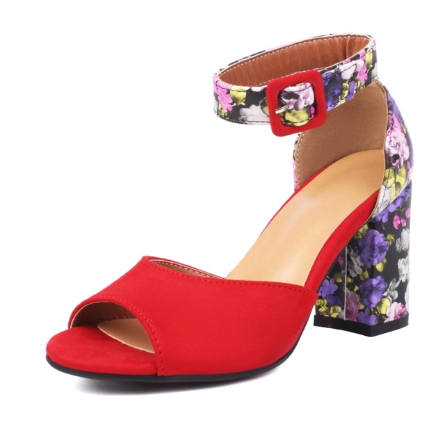 Peep Toe Ankle Buckle Straps Floral Chunky Heels Suede Sandals - Red - Shaft Material: Flock Suede
Insole Material: Faux Leather
Lining Material: Synthetic
Outsole Material: Rubber

SIZES
US: 4 (8.66 inch) - EU: 34
US: 4.5 (8.85 inch) - EU: 35
US: 5.5 (9.05 inch) - EU: 36
US: 6 (9.25 inch) - EU: 37 
US: 7 (9.44 inch) - EU: 38 
US: 8 (9.64 inch) - EU: 39
US: 8.5 (9.84 inch) - EU: 40
US: 9.5 (10.03 inch) - EU: 41
US: 10 (10.23 inch) - EU: 42
US: 11 (10.43 inch) - EU: 43 
US: 12 (10.62 inch) - EU: 44
US: 13 (10.83 inch) - EU: 45
US: 13.5 (11.02 inch) - EU: 46
US: 14 (11.22 inch) - EU: 47
US: 15 (11.41 inch) - EU: 48
US: 16 (11.61 inch) - EU: 49
US: 17 (12.01 inch) - EU: 50 in Sexy Heels & Platforms