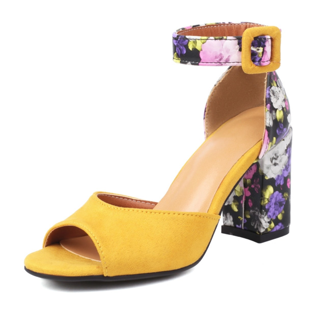 Peep Toe Ankle Buckle Straps Floral Chunky Heels Suede Sandals - Yellow - Shaft Material: Flock Suede
Insole Material: Faux Leather
Lining Material: Synthetic
Outsole Material: Rubber

SIZES
US: 4 (8.66 inch) - EU: 34
US: 4.5 (8.85 inch) - EU: 35
US: 5.5 (9.05 inch) - EU: 36
US: 6 (9.25 inch) - EU: 37 
US: 7 (9.44 inch) - EU: 38 
US: 8 (9.64 inch) - EU: 39
US: 8.5 (9.84 inch) - EU: 40
US: 9.5 (10.03 inch) - EU: 41
US: 10 (10.23 inch) - EU: 42
US: 11 (10.43 inch) - EU: 43 
US: 12 (10.62 inch) - EU: 44
US: 13 (10.83 inch) - EU: 45
US: 13.5 (11.02 inch) - EU: 46
US: 14 (11.22 inch) - EU: 47
US: 15 (11.41 inch) - EU: 48
US: 16 (11.61 inch) - EU: 49
US: 17 (12.01 inch) - EU: 50 in Sexy Heels & Platforms