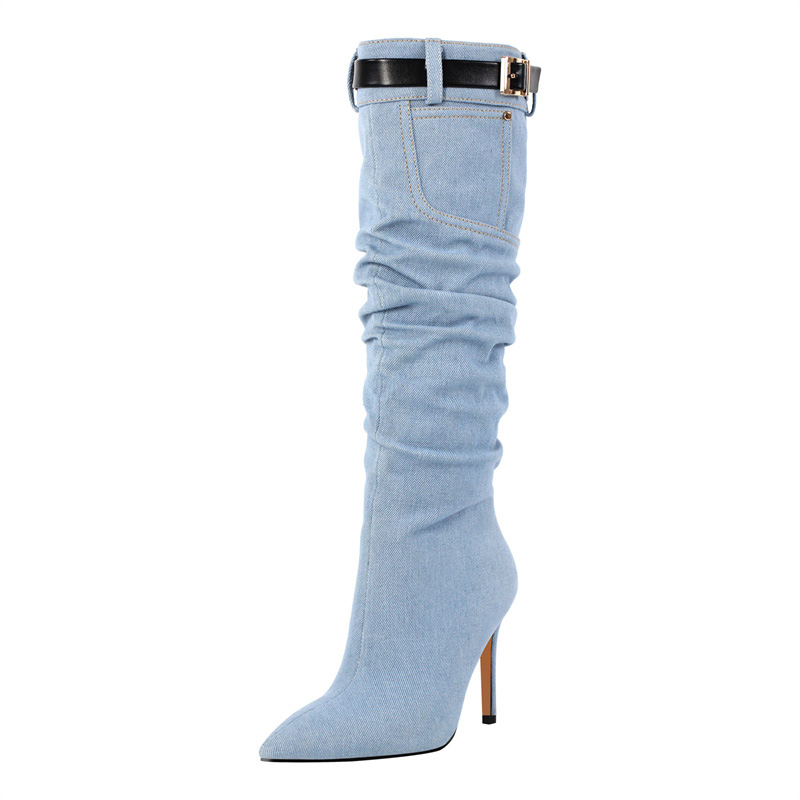Maken Pointed Toe Knee High Mid Calf Denim Stiletto Heels Buckle