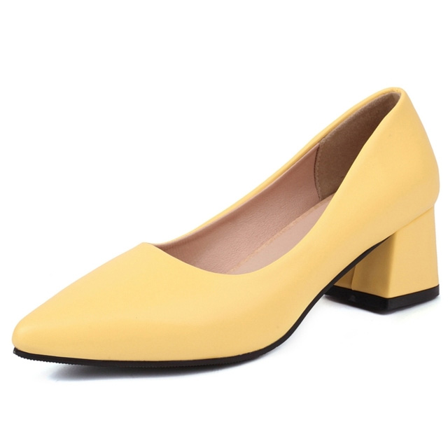 Lib Pointed Toe Chunky Heels Vintage Style Matte Pumps Yellow