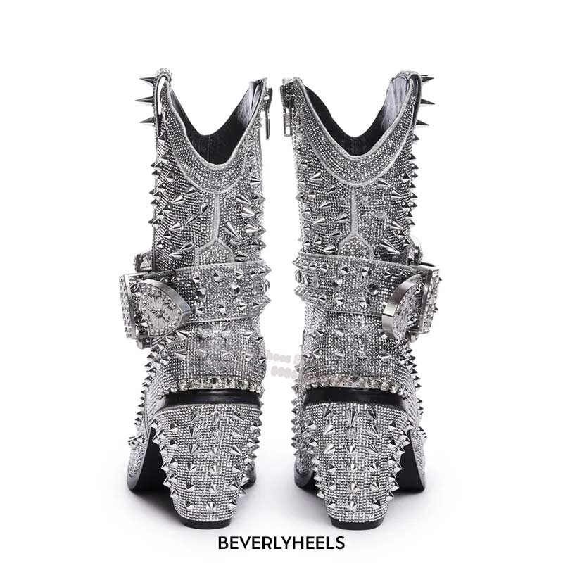 Sexy Silver Buckle Strap Rivet Knee High Boots