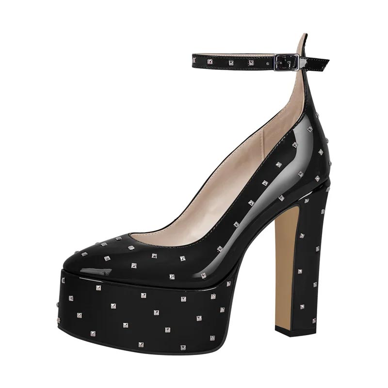 Maken Round Toe Chunky Heels Platforms Ankle Straps Rivets Pumps ...