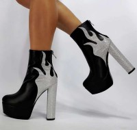 Flame Ankle Boots with Side Zipper - Black and Silver