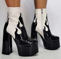 Flame Ankle Boots with Side Zipper - Black and White