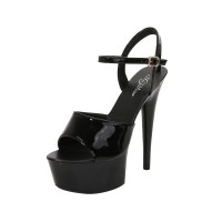 6 Inch Heels Peep Toe Ankle Strap Patent Platform Sandals - Black