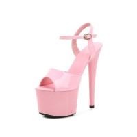 7 Inch Super Heels Peep Toe Ankle Strap Patent Platform Sandals - Pink