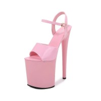 8 Inch Super Heels Peep Toe Ankle Strap Patent Platform Sandals - Pink