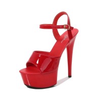 6 Inch Heels Peep Toe Ankle Strap Patent Platform Sandals - Red
