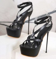 Nightclub Party Leather Ankle-Strap Stiletto Platform Sandals  - Black