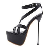 Nightclub Party Leather Ankle-Strap Stiletto Platform Sandals  - Black - SPECIAL Size 8