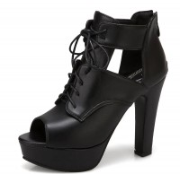 Peep Toe Cuban Heels Lace Up Platform Vamp Summer Ankle Booties with Back Zipper - Black