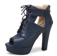 Peep Toe Cuban Heels Lace Up Platform Vamp Summer Ankle Booties with Back Zipper - Blue