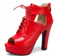 Peep Toe Cuban Heels Lace Up Platform Vamp Summer Ankle Booties with Back Zipper - Red