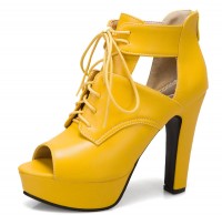 Peep Toe Cuban Heels Lace Up Platform Vamp Summer Ankle Boots with Booties Zipper - Yellow