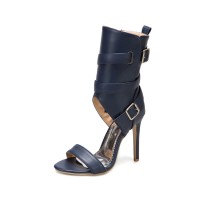 Peep Toe Stiletto Heels Summer Buckle Bondage Strap Ankle Wrap Sandals with Side Zipper - Blue