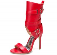 Peep Toe Stiletto Heels Summer Buckle Bondage Strap Ankle Wrap Sandals with Side Zipper - Red