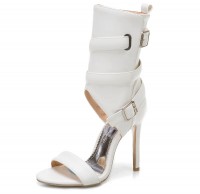 Peep Toe Stiletto Heels Summer Buckle Bondage Strap Ankle Wrap Sandals with Side Zipper - White