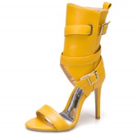 Peep Toe Stiletto Heels Summer Buckle Bondage Strap Ankle Wrap Sandals with Side Zipper - Yellow