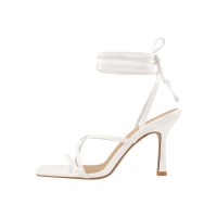Kitten Heels Gladiator Strap Square Toe Sandals - White