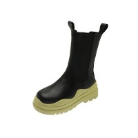 Wave Platform Vegan Leather Chelsea High Ankle Boots - Black on Olive Green
