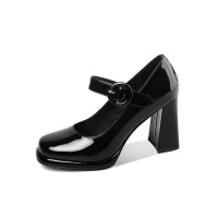 Medium Heels Toe Pumps Mary Janes Round Buckle Strap Leather Sandals - Black