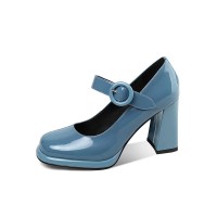 Medium Heels Toe Pumps Mary Janes Round Buckle Strap Leather Sandals - Blue