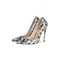 Smooth Patent Leather Graffiti Pattern Pointed Toe Stiletto Heels - Gray