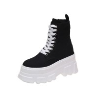 Africa Lace-Up Platform Canvas Ankle Boots with Side Zipper -  Black