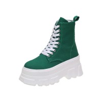 Africa Lace-Up Platform Canvas Ankle Boots with Side Zipper -  Green