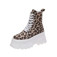 Africa Lace-Up Platform Canvas Ankle Boots with Side Zipper -  Leopard