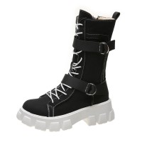 Ankle Strap Lace-Up Spring Boots with Side Zipper - Black