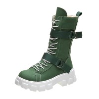 Ankle Strap Lace-Up Spring Boots with Side Zipper - Green