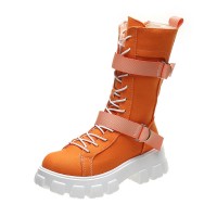 Ankle Strap Lace-Up Spring Boots with Side Zipper - Orange