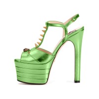 Chunky Heels Platform Peep Toe Rivet Decorated Ankle Buckle T Straps - Metallic Light Green
