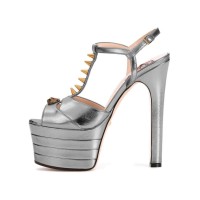 Chunky Heels Platform Peep Toe Rivet Decorated Ankle Buckle T Straps - Metallic Light Gray