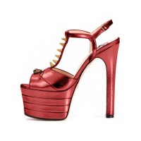 Chunky Heels Platform Peep Toe Rivet Decorated Ankle Buckle T Straps - Metallic Red
