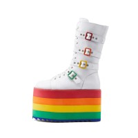 Rainbow Platform Lace Up Buckle Straps Ankle Boots with Side Zipper - White