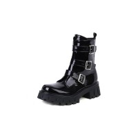 Chunky Heels Platform Buckle Straps Martens Patent Ankle Boots with Side Zipper - Black