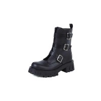 Chunky Heels Platform Buckle Straps Martens Ankle Boots with Side Zipper - Matt Black