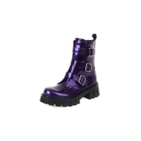 Chunky Heels Platform Buckle Straps Martens Patent Ankle Boots with Side Zipper - Purple