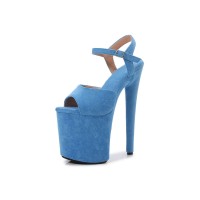 8 Inch Super Heels Peep Toe Ankle Strap Suede Platform Sandals - Blue