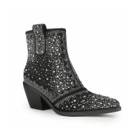 Chunky Heels Pointed Toe Rhinestones Short Western Cowboy Boots - Black