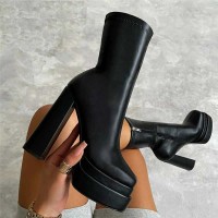 Chunky Heel Elastic Microfiber Ankle Boots - Black