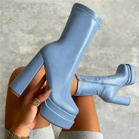 Chunky Heel Elastic Microfiber Ankle Boots - Blue