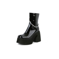 Chunky Heels Platform Chain Decorated Patent Ankle Boots with Side Zipper - Black